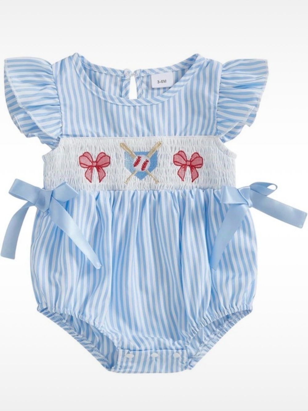 Blue & White Striped Smocked Baby Romper with Bows